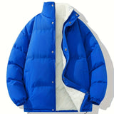 kkboxly  Men's Solid Fleece Puffer Coat, Casual Stand Collar Zip Up Thermal Jacket For Outdoor Fall Winter
