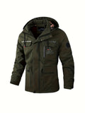 kkboxly  Windbreaker Hooded Jacket, Men's Casual Zip Up Multi Pocket Jacket Coat For Fall Winter Outdoor Activities