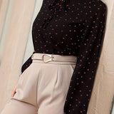 kkboxlyConfetti Heart Print Blouse, Elegant Tie Front Long Sleeve Blouse, Women's Clothing