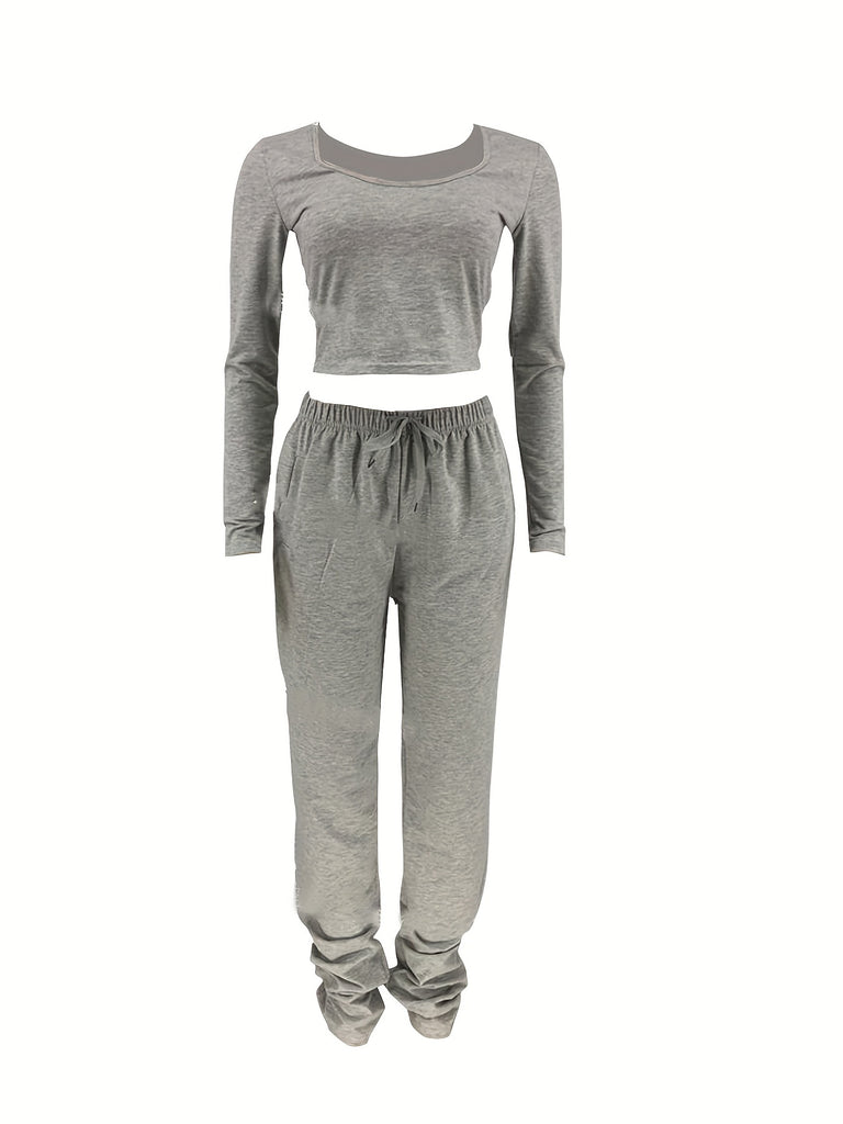 kkboxly Casual Solid Two-piece Set, Long Sleeve Crop T-shirt & Ruched High Waist Pants Outfits, Women's Clothing