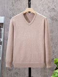 kkboxly  All Match Knitted Solid Sweater, Men's Casual Warm Slightly Stretch V Neck Pullover Sweater For Men Fall Winter