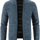 kkboxly  Warm Stand Collar Fleece Jacket, Men's Semi-formal Comfortable Solid Color Zip Up Knitted Cardigan For Spring Fall