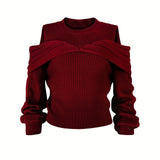 Elegant Cold Shoulder Solid Knit Sweater, Casual Crew Neck Long Sleeve Sweater, Women's Clothing