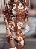 kkboxly Floral Full Printed Crew Neck Dress, Long Sleeve Casual Midi Dress, Women's Clothing