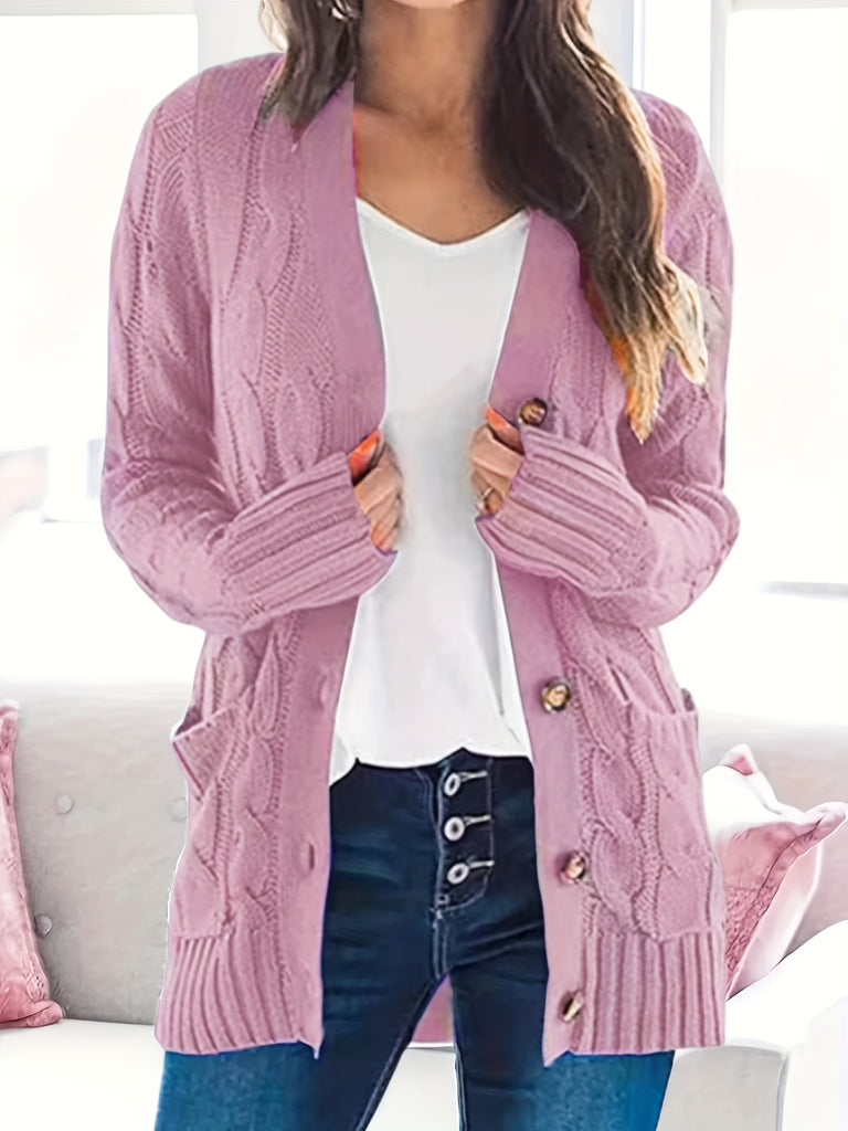 Cable Knit Button Front Cardigan, Casual Solid Long Sleeve Cardigan For Fall & Winter, Women's Clothing