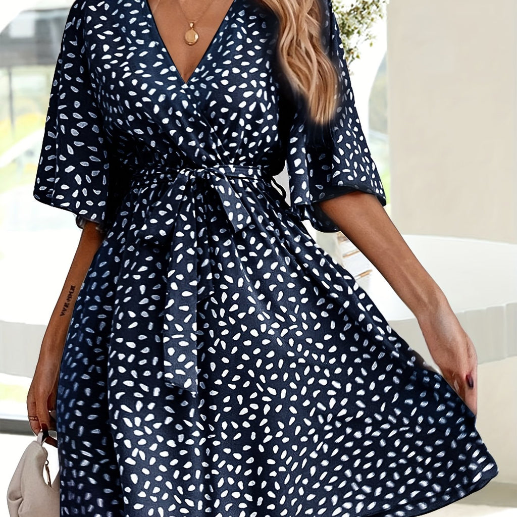 kkboxly  Allover Print Belted V Neck Dress, Casual Short Sleeve Dress For Spring & Summer, Women's Clothing