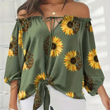 kkboxly  Plus Size Elegant Top, Women's Plus Sunflower Print Off Shoulder Drawstring Lantern Sleeve Cut Out Top