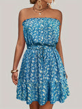 kkboxly  Ditsy Floral Off Shoulder Dress, Sexy Sleeveless Drawstring Summer Dress, Women's Clothing