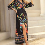 kkboxly  Floral Print Cold Shoulder Dress, Elegant Split V Neck Dress For Spring & Summer, Women's Clothing