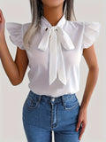 kkboxly Tie Neck Cap Sleeve Blouse, Casual Solid Ruffle Trim Blouse, Women's Clothing