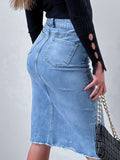 kkboxly  Blue Raw Hem Denim Skirt, Slim Fit High Waist Slash Pockets High Rise Short Denim Dress, Women's Denim Clothing