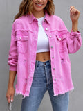 Raw Hem Ripped Distressed Denim Jacket, Flap Pockets Long Sleeves Street Style Single-Breasted Denim Coat, Women's Denim Jeans & Clothing