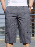 Geometric Pattern Cotton Cargo Shorts, Men's Casual Multi Pocket Waist Drawstring Cargo Shorts For Summer Outdoor