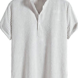 kkboxly  Men's Cotton & Linen Striped Half Button Shirt