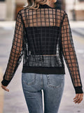 kkboxly  Sheer Bomber Jacket, Casual Zip Up Long Sleeve Solid Outerwear, Women's Clothing