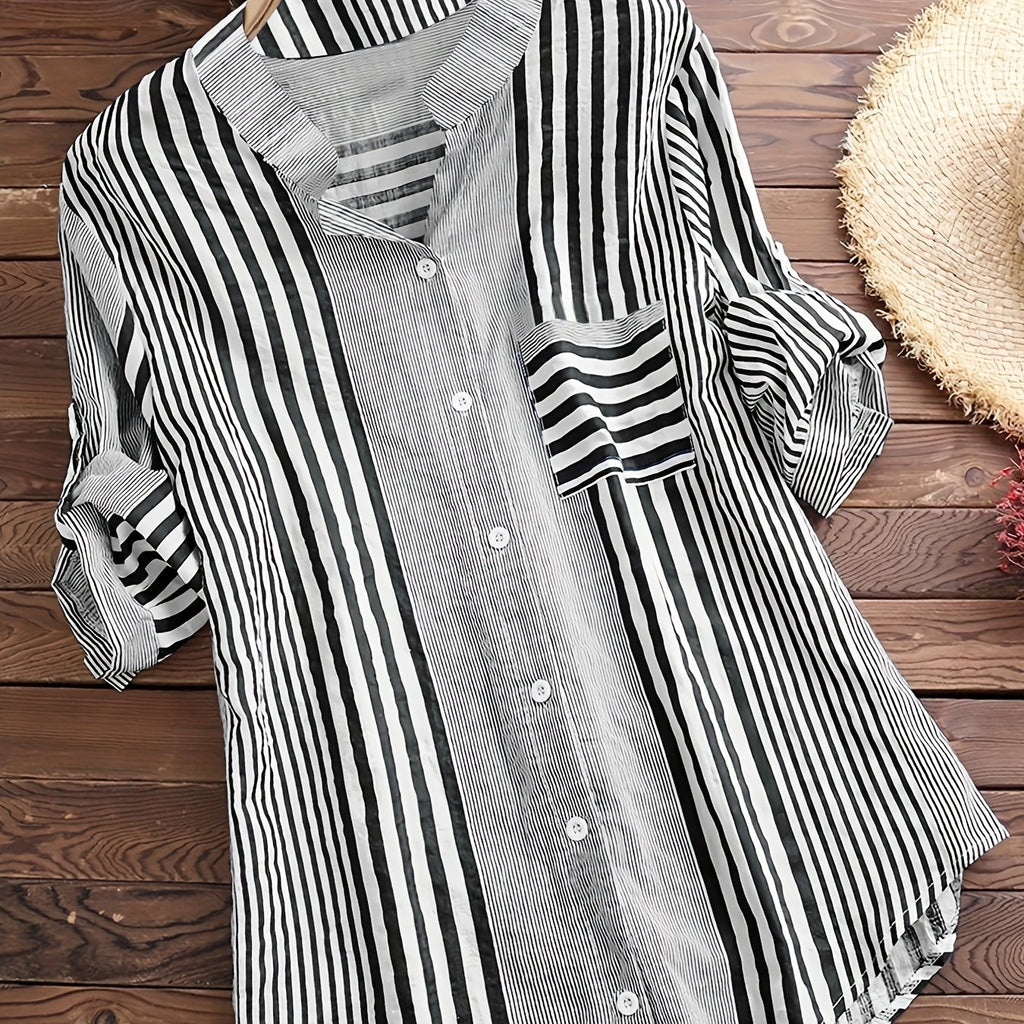 kkboxly  Plus Size Casual Blouse, Women's Plus Stripe Print Button Up Roll Up Sleeve Stand Collar Round Hem Slight Stretch Blouse