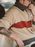 kkboxly  Turtle Neck Knitted Sweater, Men's Casual Loose Fit Warm Color Block High Stretch Pullover Sweater For Spring Fall