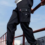 kkboxly  Men's Drawstring Flap Pocket Cargo Pants, Loose Trendy Jogger Pants