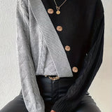 kkboxly  Two-tone Mock Neck Pullover Sweater, Casual Button Front Long Sleeve Sweater, Women's Clothing