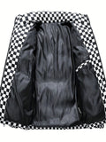 kkboxly  Men's Stylish Checkered Puffer Coat With Pockets, Casual Breathable Stand Collar Zip Up Long Sleeve Warm Top For City Walk Street Hanging Winter Outdoor Activities