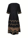 kkboxly  Ethnic Floral Print Dress, Vintage Notched Neck Half Sleeve Dress, Women's Clothing