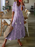 Kkboxly  Ikat Print Drawstring Dress, Boho Ruffle Trim V Neck Half Sleeve Summer Dress, Women's Clothing