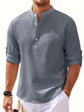 kkboxly Men's Retro Casual Long Sleeve Stand Collar Shirt With Half Button, Spring Fall Outdoor