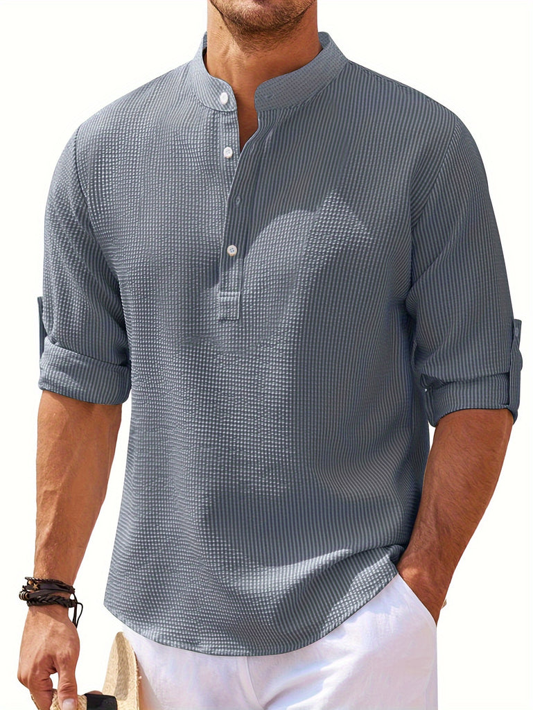 kkboxly  Men's Retro Casual Long Sleeve Stand Collar Shirt With Half Button, Spring Fall Outdoor
