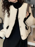 Contrast Trim Open Front Outer Top, Elegant Flap Pockets Single Breasted Long Sleeve Coat For Fall & Winter, Women's Clothing