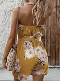 kkboxly  Floral Print Romper Jumpsuit, Casual Tie Waist Backless Halter Neck Romper Jumpsuit, Women's Clothing