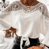 kkboxly  Lace Splicing Batwing Sleeve Blouse, Casual Solid Off Shoulder Summer Blouse, Women's Clothing