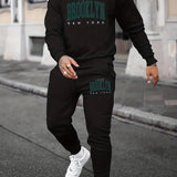 kkboxly  BROOKLYN Print, Men's 2Pcs Outfits, Casual Crew Neck Long Sleeve Pullover Sweatshirt And Drawstring Sweatpants Joggers Set For Spring Fall, Men's Clothing