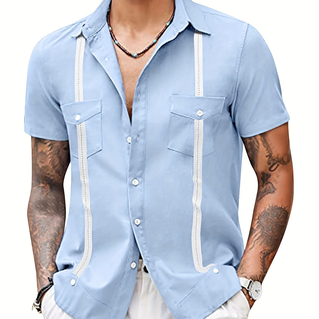 kkboxly  Trendy Stripe Print Men's Casual Camp Collar Cotton Short Sleeve Shirt With Chest Pocket, Men's Shirt For Summer Vacation Resort, Tops For Men