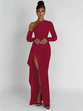 kkboxly  Solid One-shoulder Split Hem Dress, Elegant Long Sleeve Ruffle Trim Slim Dress For Party & Banquet, Women's Clothing