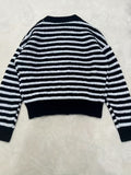 xieyinshe  Striped Crew Neck Zip Up Cardigan, Casual Long Sleeve Sweater For Spring & Fall, Women's Clothing