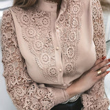 kkboxly Women's Blouse Lace Crochet Lapel Button Flare Sleeve Elegant Top Blouse