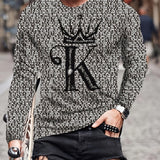 kkboxly  Cool Alphabet K Print Men's Long Sleeve T-shirt, Men's Fashion Crew Neck Tops, Spring Fall