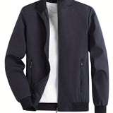 kkboxly  Men's Solid Color Zip-Up Stand Collar Jacket, Casual Loose Windbreaker Jacket For Sports Outdoors, Running