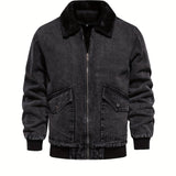 kkboxly  Warm Fleece Denim Jacket, Men's Casual Flap Pocket Jacket Coat With Fur Collar For Fall Winter
