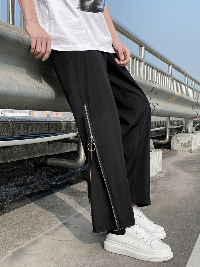 kkboxly  Wide Leg Zipper Side Sweatpants, Men's Casual Solid Color Slightly Stretch Drawstring Pants For Spring Summer