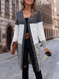 kkboxly  Color Block Button Up Knit Cardigan, Casual Long Sleeve Longline Sweater With Pocket, Women's Clothing