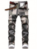 kkboxly  Plaid Allover Print Jeans, Men's Casual Patchwork Style Creative Cotton Blend Denim Pants For Spring Summer