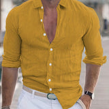 Men's Shirt Top Cotton & Linen Blend Turn-Down Collar Long Sleeves Closure Regular Fit Solid Color Male Casual Shirt For Daily