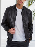 kkboxly  Classic Design PU Jacket, Men's Casual Solid Color Zip Up Lapel Fleece Faux Leather Jacket For Fall Winter