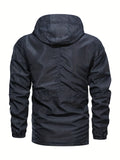 kkboxly  Casual Multi-pocket Light Weight Drawstring Waist Zip Up Hooded Jacket Coat, Men's Cotton Jacket For Fall Outdoor