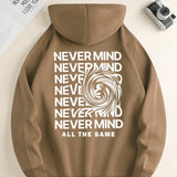 kkboxly  ''NEVER MIND'' Swirl Print Hoodies For Men, Graphic Hoodie With Kangaroo Pocket, Comfy Loose Trendy Hooded Pullover, Mens Clothing For Autumn Winter