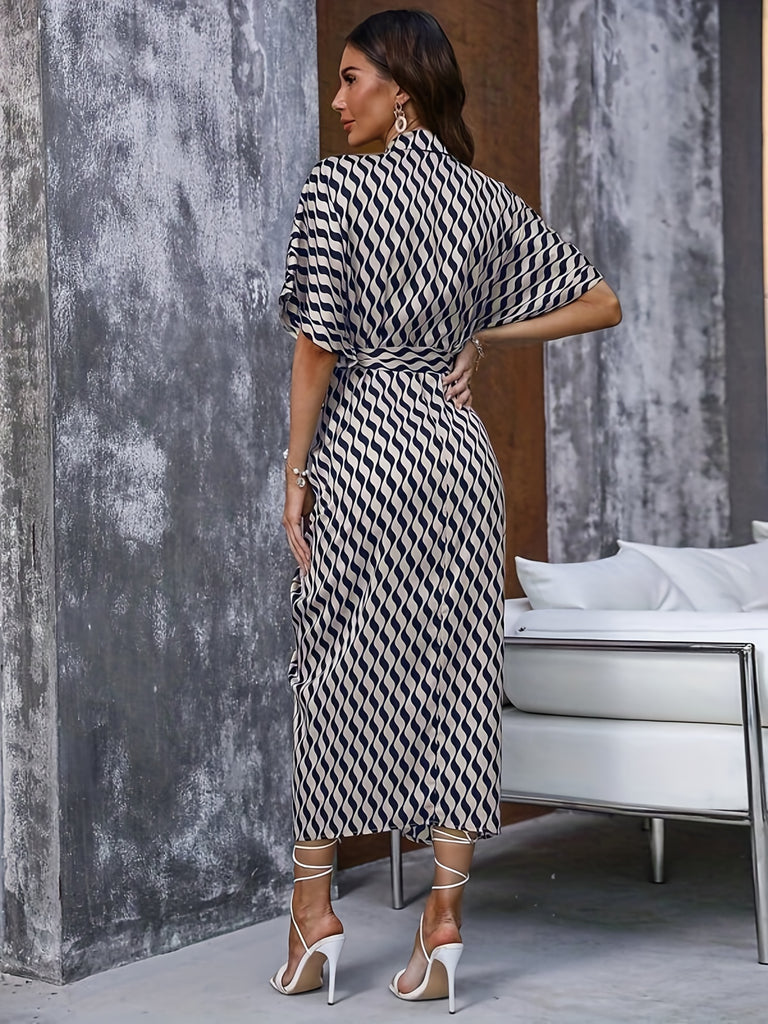 All Over Print Cinched Waist Dress, Casual Collared Half Sleeve Midi Dress, Women's Clothing