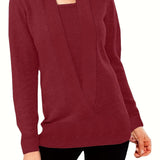 Solid Plunging Knit Sweater, Casual Long Sleeve Simple Sweater, Women's Clothing
