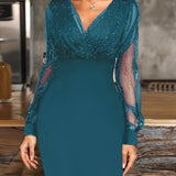 2025 kkboxly  Solid Sequin Stitching Lace Long Sleeve Dress, Elegant Mesh Slim Sexy Party Dress, Women's Clothing