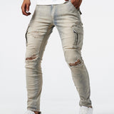 kkboxly Slim Fit Cargo Jeans, Men's Casual Street Style Multi Pocket High Stretch Denim Pants For Spring Summer